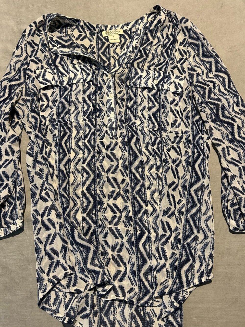 LUCKY BRAND Blue Cream Chevron Ikat Geometric Utility Pocket Blouse S